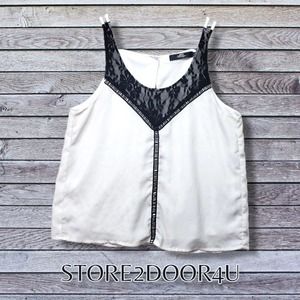 BKE BOUTIQUE WHITE SHEER SUMMER BLOUSE w BLACK FLORAL LACE, OPEN BACK, SIZE: M